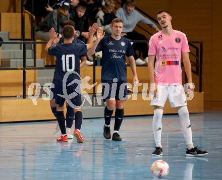 Futsal. Carinthia Flamengo Futsal Club gegen LPSV-Kaernten.  Torjubel Ivan Krnjic, Senad Huseinbasic, Samir Nuhanovic  (LPSV). Klagenfurt, 26.11.2023.
Foto: Kuess
www.qspictures.net
---
pressefotos, pressefotografie, kuess, qs, qspictures, sport, bild, bilder, bilddatenbank