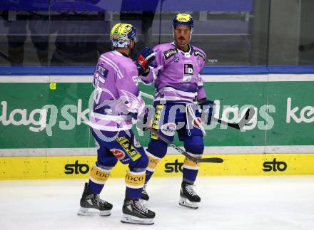 EBEL. Eishockey Bundesliga. EC VSV gegen HK Olimpija Ljubljana.   Torjubel Mark Katic, Anthony Luciani (VSV). Villach, am 28.11.2023
Foto: Kuess
www.qspictures.net
---
pressefotos, pressefotografie, kuess, qs, qspictures, sport, bild, bilder, bilddatenbank