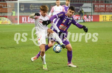 Fussball. Bundesliga. SK Austria Klagenfurt gegen Austria Wien.  Nikola Djoric   (Austria Klagenfurt),  Muharem Huskovic    (Wien). Klagenfurt, 9.12.2023.
Foto: Kuess
---
pressefotos, pressefotografie, kuess, qs, qspictures, sport, bild, bilder, bilddatenbank