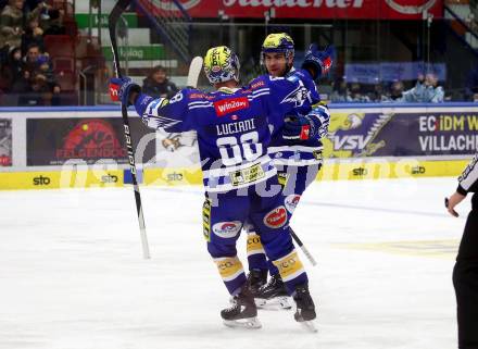 EBEL. Eishockey Bundesliga. EC VSV gegen Asiago Hockey.  Torjubel Anthony Luciani, Layne Viveiros  (VSV). Villach, am 22.12.2023
Foto: Kuess
www.qspictures.net
---
pressefotos, pressefotografie, kuess, qs, qspictures, sport, bild, bilder, bilddatenbank