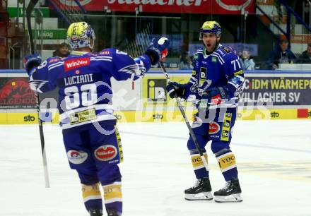 EBEL. Eishockey Bundesliga. EC VSV gegen Asiago Hockey.  Torjubel Anthony Luciani, Layne Viveiros  (VSV). Villach, am 22.12.2023
Foto: Kuess
www.qspictures.net
---
pressefotos, pressefotografie, kuess, qs, qspictures, sport, bild, bilder, bilddatenbank