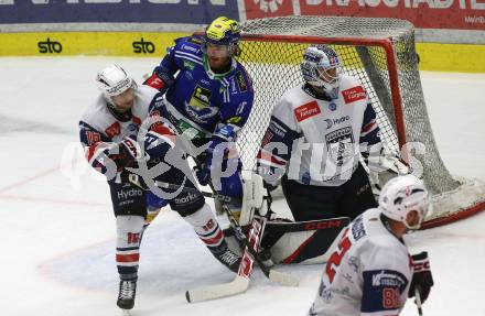 EBEL. Eishockey Bundesliga. EC VSV gegen Fehervar AV19.  Kevin Hancock,  (VSV),   Janos Hari, Dominik Horvath  (Fehervar). Villach, am 28.12.2023
Foto: Kuess
www.qspictures.net
---
pressefotos, pressefotografie, kuess, qs, qspictures, sport, bild, bilder, bilddatenbank