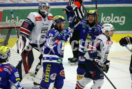 EBEL. Eishockey Bundesliga. EC VSV gegen Fehervar AV19. Torjubel Andrew Desjardins, John Hughes   (VSV). Villach, am 28.12.2023
Foto: Kuess
www.qspictures.net
---
pressefotos, pressefotografie, kuess, qs, qspictures, sport, bild, bilder, bilddatenbank