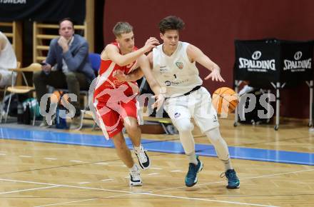 Basketball 2. Liga 2023/2024. Grunddurchgang 17. Runde.  KOS gegen Upper Austrian Ballers   Simon Siencnik (KOS),  Valentin Pils  (Austrian Ballers). Klagenfurt, am 10.2.2024.
Foto: Kuess

---
pressefotos, pressefotografie, kuess, qs, qspictures, sport, bild, bilder, bilddatenbank