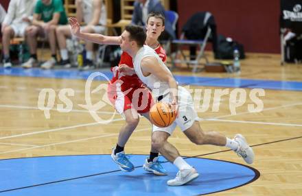 Basketball 2. Liga 2023/2024. Grunddurchgang 17. Runde.  KOS gegen Upper Austrian Ballers   Niklas Michel (KOS),   Hannes Mueller (Austrian Ballers). Klagenfurt, am 10.2.2024.
Foto: Kuess

---
pressefotos, pressefotografie, kuess, qs, qspictures, sport, bild, bilder, bilddatenbank