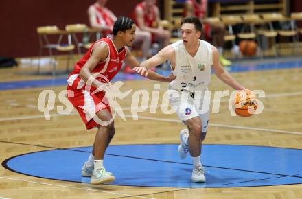 Basketball 2. Liga 2023/2024. Grunddurchgang 17. Runde.  KOS gegen Upper Austrian Ballers   Niklas Michel (KOS),  Samuel Gatterbauer  (Austrian Ballers). Klagenfurt, am 10.2.2024.
Foto: Kuess

---
pressefotos, pressefotografie, kuess, qs, qspictures, sport, bild, bilder, bilddatenbank