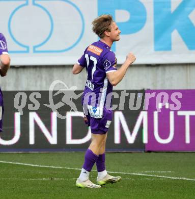 Fussball Bundesliga. SK Austria Klagenfurt gegen FC Blau Weiss Linz. Torjubel Aaron Sky Schwarz  (Klagenfurt).  Klagenfurt, am 25.2.2024.
Foto: Kuess
www.qspictures.net
---
pressefotos, pressefotografie, kuess, qs, qspictures, sport, bild, bilder, bilddatenbank