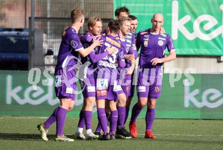 Fussball Bundesliga. SK Austria Klagenfurt gegen FC Blau Weiss Linz. Torjubel Aaron Sky Schwarz  (Klagenfurt).  Klagenfurt, am 25.2.2024.
Foto: Kuess
www.qspictures.net
---
pressefotos, pressefotografie, kuess, qs, qspictures, sport, bild, bilder, bilddatenbank