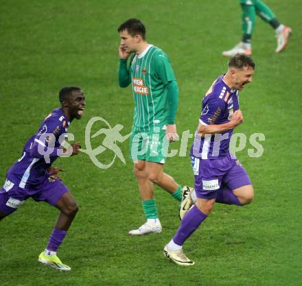 Fussball Bundesliga. SK Austria Klagenfurt gegen Rapid Wien. Torjubel Christopher Wernitznig, Solomon Bonnah  (Klagenfurt). Klagenfurt, am 10.3.2024.
Foto: Kuess
www.qspictures.net
---
pressefotos, pressefotografie, kuess, qs, qspictures, sport, bild, bilder, bilddatenbank