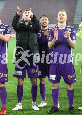 Fussball. Bundesliga. SK Austria Klagenfurt gegen Rapid  Wien.  Jubel Andrew Irving, Simon Straudi, Christopher Cvetko   (Austria Klagenfurt).. Klagenfurt, 10.3.2024.
Foto: Kuess
---
pressefotos, pressefotografie, kuess, qs, qspictures, sport, bild, bilder, bilddatenbank