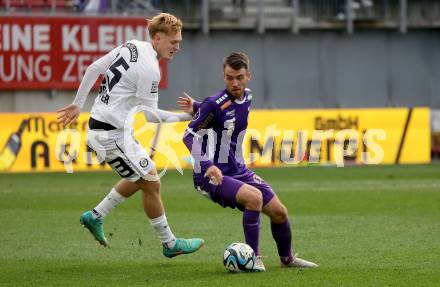 Fussball Bundesliga. SK Austria Klagenfurt gegen SK Puntigamer Sturm Graz. Max Besuschkow,  (Klagenfurt), Niklas Geyrhofer   (Graz).  Klagenfurt, am 17.3.2024.
Foto: Kuess
www.qspictures.net
---
pressefotos, pressefotografie, kuess, qs, qspictures, sport, bild, bilder, bilddatenbank