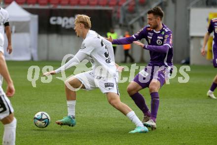 Fussball Bundesliga. SK Austria Klagenfurt gegen SK Puntigamer Sturm Graz. Max Besuschkow,   (Klagenfurt), Niklas Geyrhofer  (Graz).  Klagenfurt, am 17.3.2024.
Foto: Kuess
www.qspictures.net
---
pressefotos, pressefotografie, kuess, qs, qspictures, sport, bild, bilder, bilddatenbank