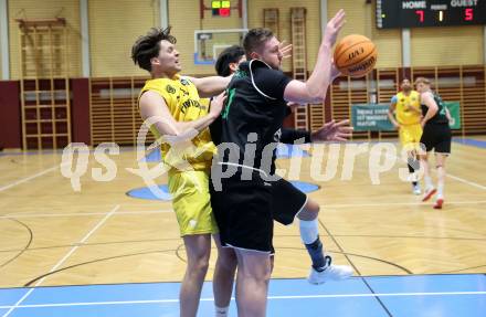 Basketball 2. Liga 2023/2024. Playoffs. SF-1.  Woerthersee Piraten gegen Union Deutsch Wagram Alligators.  Alexander Pirker  (Piraten),  Matej Drgon  (Deutsch Wagram). Klagenfurt, am 23.3.2024.
Foto: Kuess

---
pressefotos, pressefotografie, kuess, qs, qspictures, sport, bild, bilder, bilddatenbank