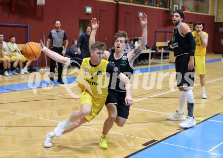 Basketball 2. Liga 2023/2024. Playoffs. SF-1.  Woerthersee Piraten gegen Union Deutsch Wagram Alligators.  Jernej Andolsek Heine  (Piraten),  Simon Marek  (Deutsch Wagram). Klagenfurt, am 23.3.2024.
Foto: Kuess

---
pressefotos, pressefotografie, kuess, qs, qspictures, sport, bild, bilder, bilddatenbank