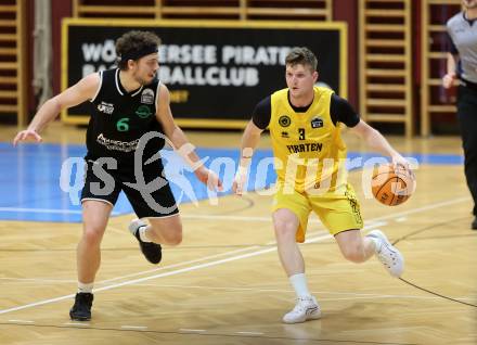 Basketball 2. Liga 2023/2024. Playoffs. SF-1.  Woerthersee Piraten gegen Union Deutsch Wagram Alligators.   Jernej Andolsek Heine (Piraten),   Ognjen Drljaca (Deutsch Wagram). Klagenfurt, am 23.3.2024.
Foto: Kuess

---
pressefotos, pressefotografie, kuess, qs, qspictures, sport, bild, bilder, bilddatenbank