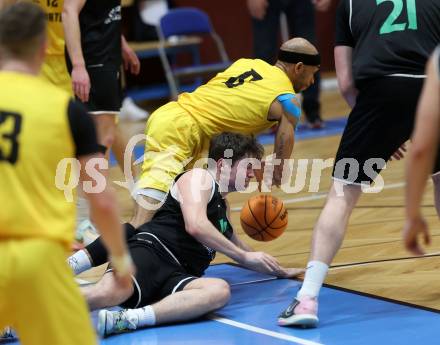 Basketball 2. Liga 2023/2024. Playoffs. SF-1.  Woerthersee Piraten gegen Union Deutsch Wagram Alligators.  Shawn L. Ray  (Piraten),  Daniel Schuch  (Deutsch Wagram). Klagenfurt, am 23.3.2024.
Foto: Kuess

---
pressefotos, pressefotografie, kuess, qs, qspictures, sport, bild, bilder, bilddatenbank