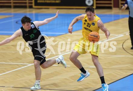 Basketball 2. Liga 2023/2024. Playoffs. SF-3.  Woerthersee Piraten gegen Union Deutsch Wagram Alligators.  Simon Finzgar  (Piraten),  Daniel Schuch  (Deutsch Wagram). Klagenfurt, am 6.4.2024.
Foto: Kuess
---
pressefotos, pressefotografie, kuess, qs, qspictures, sport, bild, bilder, bilddatenbank