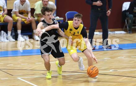 Basketball 2. Liga 2023/2024. Playoffs. SF-3.  Woerthersee Piraten gegen Union Deutsch Wagram Alligators.  Jernej Andolsek Heine  (Piraten),  Simon Marek  (Deutsch Wagram). Klagenfurt, am 6.4.2024.
Foto: Kuess
---
pressefotos, pressefotografie, kuess, qs, qspictures, sport, bild, bilder, bilddatenbank