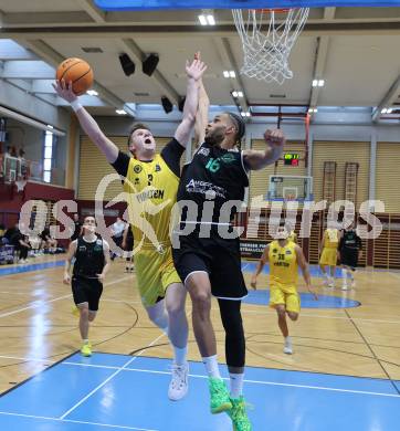 Basketball 2. Liga 2023/2024. Playoffs. SF-3.  Woerthersee Piraten gegen Union Deutsch Wagram Alligators.  Jernej Andolsek Heine  (Piraten),  Philip Konate  (Deutsch Wagram). Klagenfurt, am 6.4.2024.
Foto: Kuess
---
pressefotos, pressefotografie, kuess, qs, qspictures, sport, bild, bilder, bilddatenbank