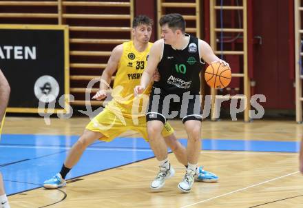 Basketball 2. Liga 2023/2024. Playoffs. SF-3.  Woerthersee Piraten gegen Union Deutsch Wagram Alligators.  Simon Finzgar  (Piraten), Daniel Schuch   (Deutsch Wagram). Klagenfurt, am 6.4.2024.
Foto: Kuess
---
pressefotos, pressefotografie, kuess, qs, qspictures, sport, bild, bilder, bilddatenbank