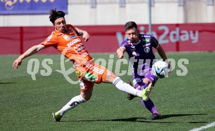 Fussball Bundesliga. SK Austria Klagenfurt gegen TSV Egger Glas Hartberg.  Till Schumacher (Klagenfurt),  Dominik Prokop (Hartberg).  Klagenfurt, am 7.4.2024.
Foto: Kuess
www.qspictures.net
---
pressefotos, pressefotografie, kuess, qs, qspictures, sport, bild, bilder, bilddatenbank