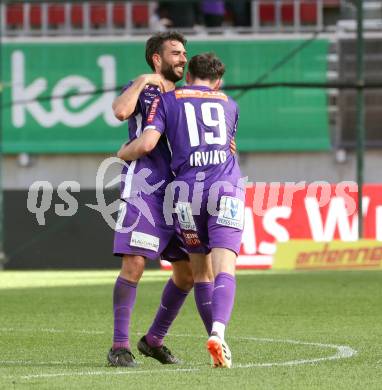 Fussball Bundesliga. SK Austria Klagenfurt gegen TSV Egger Glas Hartberg.  Torjubel Kosmas Gkezos, Andrew Irving (Klagenfurt).  Klagenfurt, am 7.4.2024.
Foto: Kuess
www.qspictures.net
---
pressefotos, pressefotografie, kuess, qs, qspictures, sport, bild, bilder, bilddatenbank