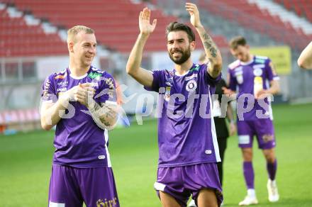 Fussball Bundesliga. SK Austria Klagenfurt gegen TSV Egger Glas Hartberg.  Florian Jaritz, Kosmas Gkezos (Klagenfurt).  Klagenfurt, am 7.4.2024.
Foto: Kuess
www.qspictures.net
---
pressefotos, pressefotografie, kuess, qs, qspictures, sport, bild, bilder, bilddatenbank