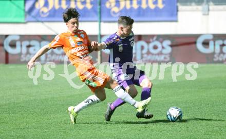 Fussball Bundesliga. SK Austria Klagenfurt gegen TSV Egger Glas Hartberg.  Till Schumacher,  (Klagenfurt),  Dominik Prokop (Hartberg).  Klagenfurt, am 7.4.2024.
Foto: Kuess
www.qspictures.net
---
pressefotos, pressefotografie, kuess, qs, qspictures, sport, bild, bilder, bilddatenbank