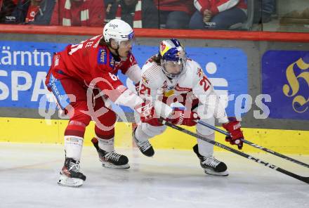 EBEL. Eishockey Bundesliga. EC KAC gegen Salzburg. Finn Van Ee,   (KAC),  Troy Wayne Bourke (Salzburg). Klagenfurt, am 19.4..2024.
Foto: Kuess
www.qspictures.net
---
pressefotos, pressefotografie, kuess, qs, qspictures, sport, bild, bilder, bilddatenbank