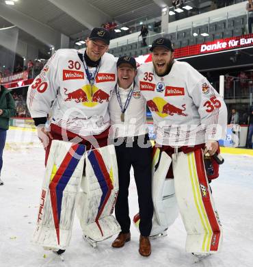 EBEL. Eishockey Bundesliga. EC KAC gegen Salzburg.  David Kickert, Tormanntrainer Markus Kerschbaumer, Atte Tolvanen (Salzburg). Klagenfurt, am 19.4..2024.
Foto: Kuess
www.qspictures.net
---
pressefotos, pressefotografie, kuess, qs, qspictures, sport, bild, bilder, bilddatenbank