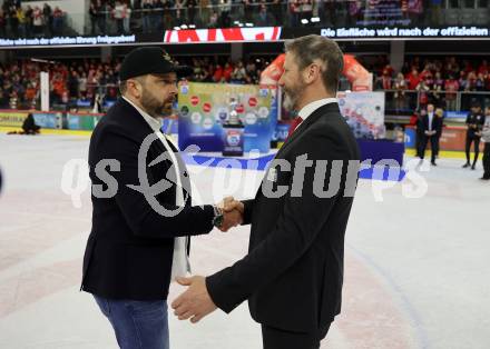 EBEL. Eishockey Bundesliga. EC KAC gegen Salzburg.  Trainer Kirk Furey, (KAC),  Trainer Oliver David  (Salzburg). Klagenfurt, am 19.4..2024.
Foto: Kuess
www.qspictures.net
---
pressefotos, pressefotografie, kuess, qs, qspictures, sport, bild, bilder, bilddatenbank