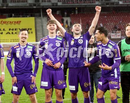 Fussball Bundesliga. SK Austria Klagenfurt gegen FC Red Bull Salzburg.  Jubel Till Schumacher, Jannik Robatsch, Andrew Irving, Sebastian Guerra Soto (Klagenfurt).  Klagenfurt, am 24.4.2024.
Foto: Kuess
www.qspictures.net
---
pressefotos, pressefotografie, kuess, qs, qspictures, sport, bild, bilder, bilddatenbank