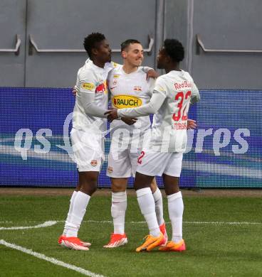 Fussball Bundesliga. SK Austria Klagenfurt gegen FC Red Bull Salzburg.  Torjubel Karim Konate, Oscar Gloukh, Amakwah Forson  (Salzburg).  Klagenfurt, am 24.4.2024.
Foto: Kuess
www.qspictures.net
---
pressefotos, pressefotografie, kuess, qs, qspictures, sport, bild, bilder, bilddatenbank