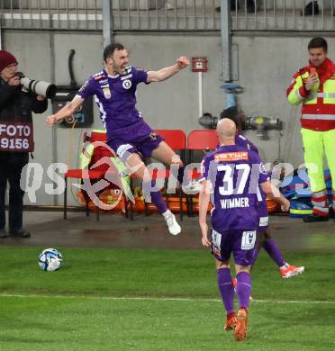 Fussball Bundesliga. SK Austria Klagenfurt gegen FC Red Bull Salzburg.  Torjubel Andrew Irving (Klagenfurt).  Klagenfurt, am 24.4.2024.
Foto: Kuess
www.qspictures.net
---
pressefotos, pressefotografie, kuess, qs, qspictures, sport, bild, bilder, bilddatenbank