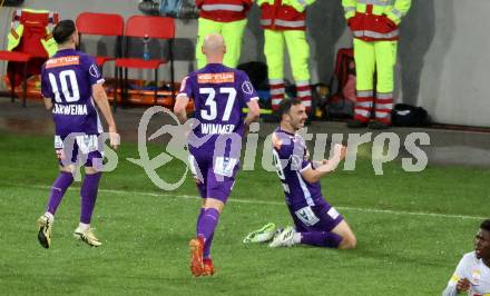 Fussball Bundesliga. SK Austria Klagenfurt gegen FC Red Bull Salzburg. Torjubel Andrew Irving  (Klagenfurt).  Klagenfurt, am 24.4.2024.
Foto: Kuess
www.qspictures.net
---
pressefotos, pressefotografie, kuess, qs, qspictures, sport, bild, bilder, bilddatenbank