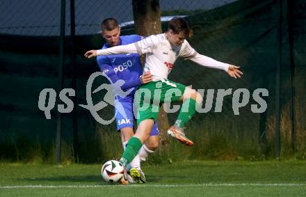 Fussball. Kaerntner Liga. Donau gegen SAK.  Luca Thaler (Donau), Hrvoje Jakovljevic  (SAK).  Klagenfurt, 8.5.2024.
Foto: Kuess
www.qspictures.net
---
pressefotos, pressefotografie, kuess, qs, qspictures, sport, bild, bilder, bilddatenbank