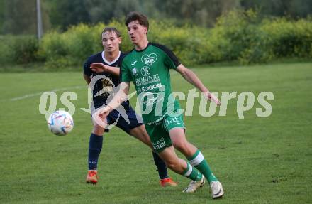 Fussball Kaerntner Liga. Velden gegen Lendorf.  Marlon Louis Winter (Velden),  David Feichter (Lendorf). St. Egyden, am 7.6.2024.
Foto: Kuess
www.qspictures.net
---
pressefotos, pressefotografie, kuess, qs, qspictures, sport, bild, bilder, bilddatenbank