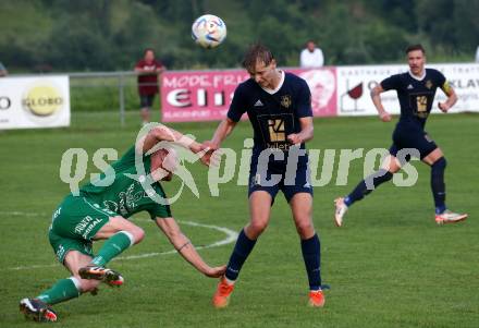 Fussball Kaerntner Liga. Velden gegen Lendorf.  Marlon Louis Winter (Velden),  Christian Wernisch (Lendorf). St. Egyden, am 7.6.2024.
Foto: Kuess
www.qspictures.net
---
pressefotos, pressefotografie, kuess, qs, qspictures, sport, bild, bilder, bilddatenbank