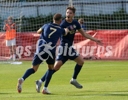 Fussball OEFB Cup. Velden gegen GAK.  Torjubel Nicolas Manuel Modritz, Mario Kroepfl (Velden),  Villach, am 26.7.2024.
Foto: Kuess
www.qspictures.net
---
pressefotos, pressefotografie, kuess, qs, qspictures, sport, bild, bilder, bilddatenbank