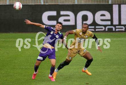 Fussball Bundesliga. SK Austria Klagenfurt gegen SK Puntigamer Sturm Graz. David Toshevski,  (Klagenfurt),  Emanuel Aiwu (Graz).  Klagenfurt, am 17.8.2024.
Foto: Kuess
www.qspictures.net
---
pressefotos, pressefotografie, kuess, qs, qspictures, sport, bild, bilder, bilddatenbank
