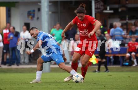 Fussball Kaerntner Liga. KAC gegen SAK. Patrick Legner (KAC),  Yosifov Svetlozar Angelov  (SAK).  Klagenfurt, am 6.9.2024.
Foto: Kuess
www.qspictures.net
---
pressefotos, pressefotografie, kuess, qs, qspictures, sport, bild, bilder, bilddatenbank