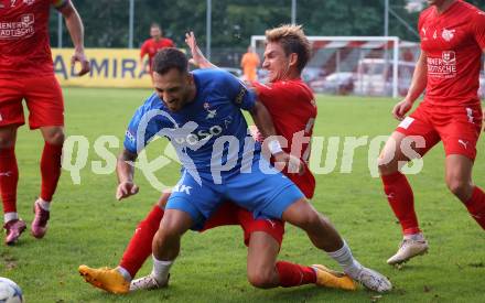Fussball Kaerntner Liga. KAC gegen SAK. Peter Pucker (KAC),  Yosifov Svetlozar Angelov  (SAK).  Klagenfurt, am 6.9.2024.
Foto: Kuess
www.qspictures.net
---
pressefotos, pressefotografie, kuess, qs, qspictures, sport, bild, bilder, bilddatenbank
