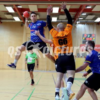 Handball Bundesliga. SC Ferlach gegen HSG Holding Graz.  Jovanovic Mladan  (Ferlach),     Raschid Ramon (Graz).  Ferlach, am 23.11.2024.
Foto: Kuess
www.qspictures.net
---
pressefotos, pressefotografie, kuess, qs, qspictures, sport, bild, bilder, bilddatenbank