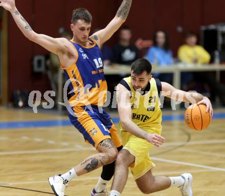 Basketball 2. Liga 2024/2025. Grunddurchgang 11. Runde.  Woerthersee Piraten gegen BBU Salzburg.  Marin Sliskovic  (Woerthersee Piraten),   Aleksandar Andjelkovic	 (Salzburg). Klagenfurt, am 7.12.2024.
Foto: Kuess


---
pressefotos, pressefotografie, kuess, qs, qspictures, sport, bild, bilder, bilddatenbank