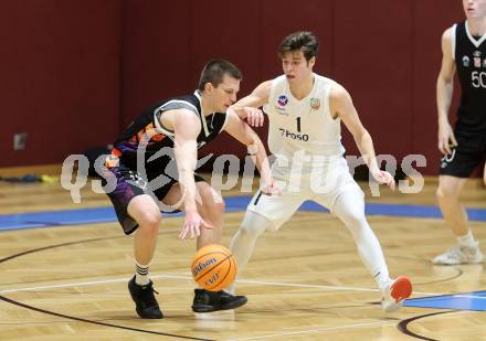 Basketball 2. Liga 2024/2025. Grunddurchgang 12. Runde.  KOS Celovec gegen Vienna United.   Simon Siencnik (KOS Celovec),  Jakub Kotala  (Vienna United). Klagenfurt, am 14.12.2024.
Foto: Kuess


---
pressefotos, pressefotografie, kuess, qs, qspictures, sport, bild, bilder, bilddatenbank