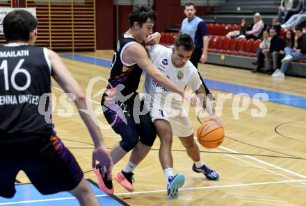 Basketball 2. Liga 2024/2025. Grunddurchgang 12. Runde.  KOS Celovec gegen Vienna United.   Mauro Gerszke (KOS Celovec),  Filip Cvetkovski  (Vienna United). Klagenfurt, am 14.12.2024.
Foto: Kuess


---
pressefotos, pressefotografie, kuess, qs, qspictures, sport, bild, bilder, bilddatenbank