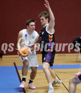 Basketball 2. Liga 2024/2025. Grunddurchgang 12. Runde.  KOS Celovec gegen Vienna United.   Niklas Michel (KOS Celovec),  Marius Witzmann  (Vienna United). Klagenfurt, am 14.12.2024.
Foto: Kuess


---
pressefotos, pressefotografie, kuess, qs, qspictures, sport, bild, bilder, bilddatenbank