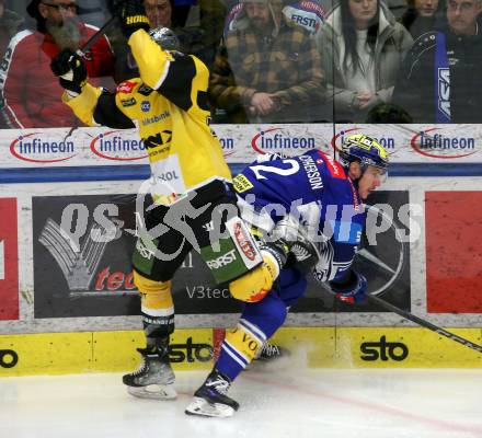Eishockey ICE Bundesliga. VSV gegen HC Pustertal Woelfe.  Dylan Macpherson(VSV), Cedric Lacroix (Pustertal). Villach, am 26.12.2024.
Foto: Kuess
---
pressefotos, pressefotografie, kuess, qs, qspictures, sport, bild, bilder, bilddatenbank