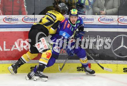 Eishockey ICE Bundesliga. VSV gegen HC Pustertal Woelfe.  Dylan Macpherson (VSV), Mikael Frycklund (Pustertal). Villach, am 26.12.2024.
Foto: Kuess
---
pressefotos, pressefotografie, kuess, qs, qspictures, sport, bild, bilder, bilddatenbank