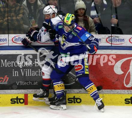Eishockey ICE Bundesliga. VSV gegen Szkesfehervar,   Thomas Vallant (VSV), Rasmus Kulmala (Fehervar). Villach, am 1.1.2025
Foto: Kuess
---
pressefotos, pressefotografie, kuess, qs, qspictures, sport, bild, bilder, bilddatenbank